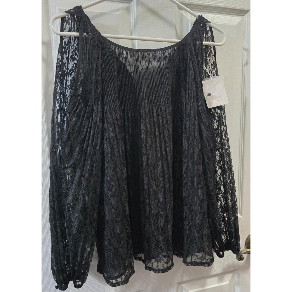 NWT LC Lauren Conrad Black Lace Open Shoulder Halter Pleated Blouse Top Size Med